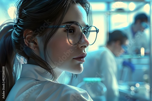  female doctor, research, Scientist, chemist leads Specialists in Modern Medical Lab, medical and research, blurred background © Studio_art