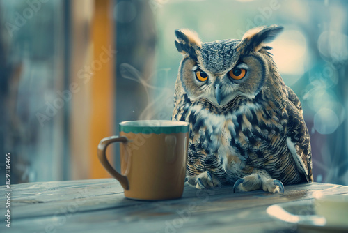 A wise old owl (advisor) taking a break from a meeting to sip tea and relax. Stock Photo with Copy Space