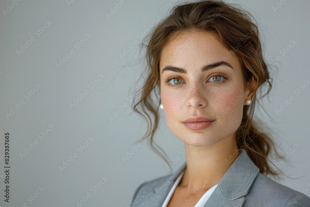 A classic portrait of a female accountant in a light grey suit and pearl earrings. A classic portrait of a female accountant in a light grey suit and pearl earrings.