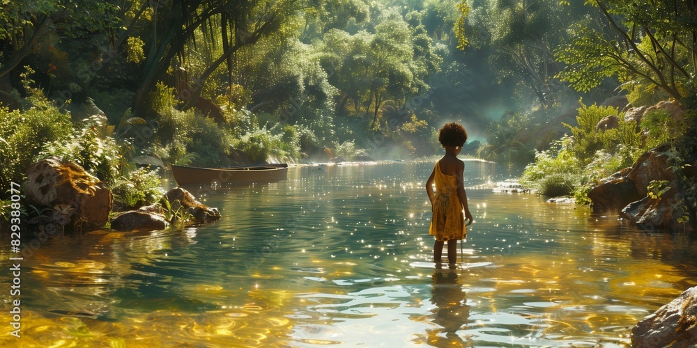 African child collecting water in tranquil river setting, generative ai African child collecting water in tranquil river setting, generative ai