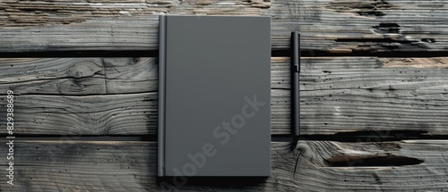 a closed grey notebook and a sleek pen on a worn wooden surface 