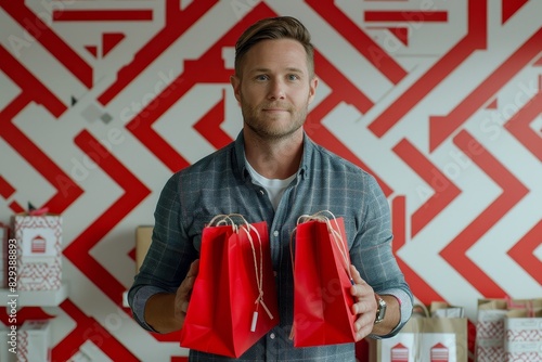 A happy Caucasian man in his 20s is pictured holding shopping bags with both hands, set against a white backdrop featuring a red geometric pattern