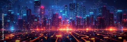 Futuristic Smart Cyber City: Innovative Urban Landscape in Digital Circuitry, futuristic technology concept, graphic banner design