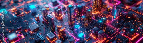 Futuristic Smart Cyber City: Innovative Urban Landscape in Digital Circuitry, futuristic technology concept, graphic banner design