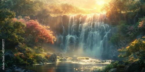 Serene Sunset Waterfall  generative ai