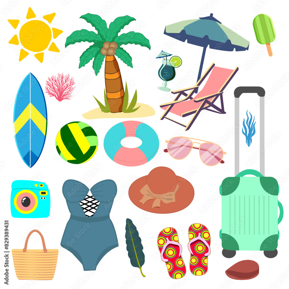 Modern summer elements set, great design for any purposes. Isolated vector illustration. Summer elements set in trendy style on white background. Summertime object.