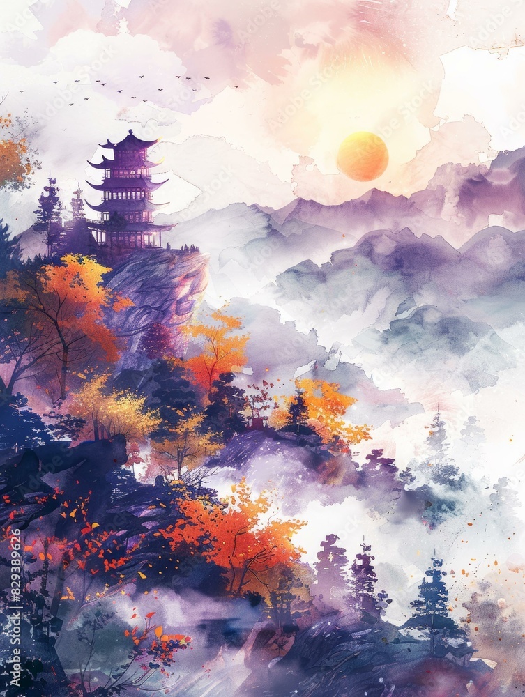Zen-Inspired Watercolor Painting of a Temple Amid Misty Mountains