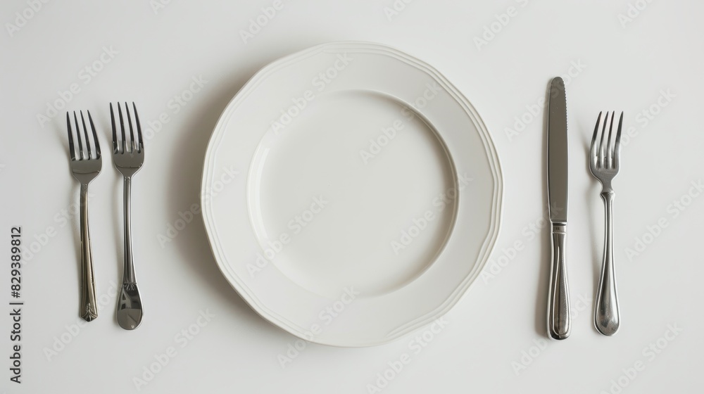 Minimalist top view of an empty white plate centered on a table, with fork and knife neatly placed on either side, surrounded by a white expanse Minimalist top view of an empty white plate centered on a table, with fork and knife neatly placed on either side, surrounded by a white expanse