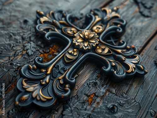 A cross adorned with intricate rococo ornamental details