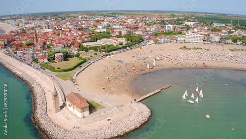 4K aerial - a bird's eye view video (Ultra High Definition) of Madonna dell'Angelo church - small seaside chapel & pilgrimage destination, built in 1751 and dedicated to the Virgin Mary, Caorle resort