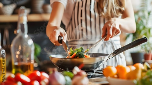 A woman in her kitchen  surrounded by fresh ingredients  expertly flips vegetables in a wok for a delicious stir fry