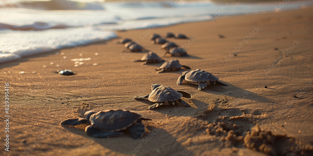 Obraz premium newborn turtles crawl along the sand of the beach to the water of the sea