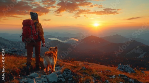 A woman and her dog walk a mountain trail, accompanying her in search of sunrise © arzaq