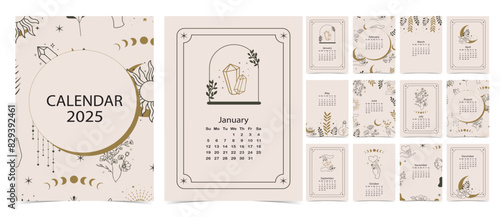 2025 table monthly calendar week start on Sunday with boho that use for vertical digital and printable A4 A5 size