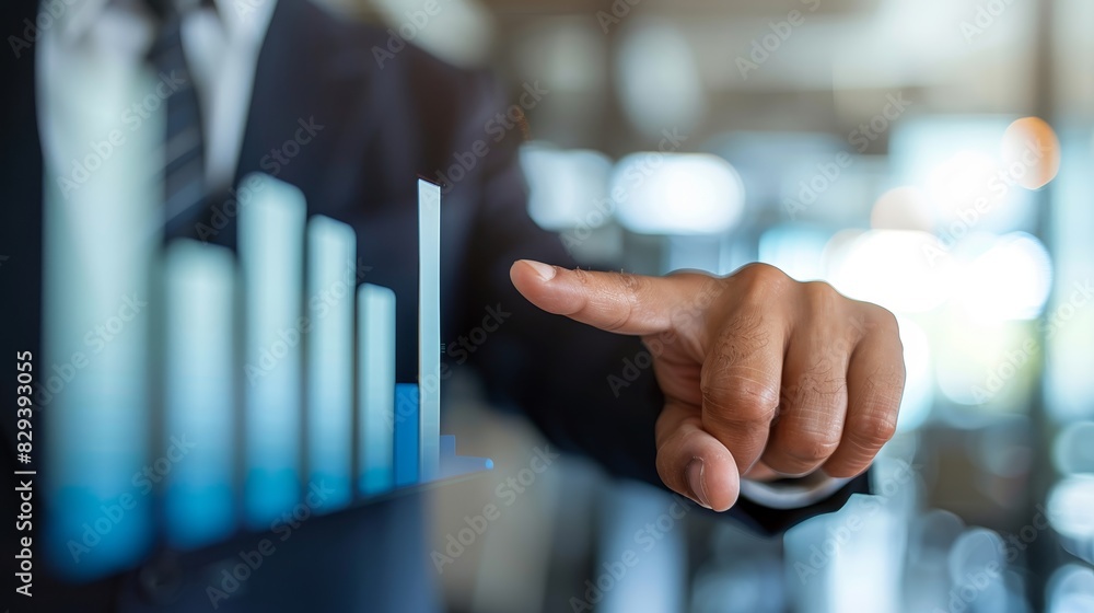Business, Finance and Investment Concept : Businessman touching virtual screen with upward graph and bar chart on blurry background Business, Finance and Investment Concept : Businessman touching virtual screen with upward graph and bar chart on blurry background