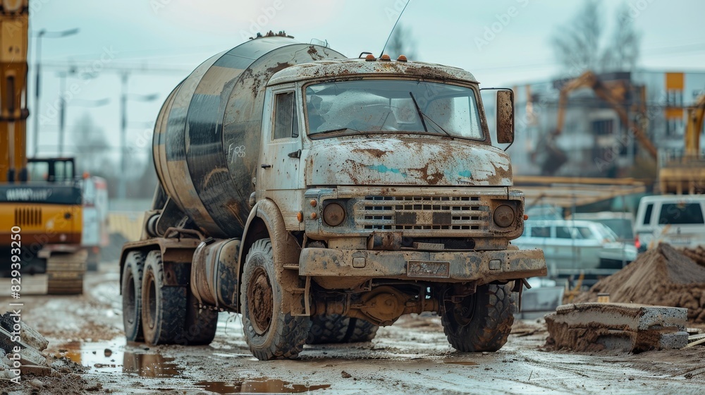 Focused image of a weather-beaten cement mixer truck, set against an active construction site backdrop, capturing its industrial charm Focused image of a weather-beaten cement mixer truck, set against an active construction site backdrop, capturing its industrial charm