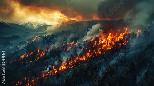 "Aerial perspective of a wildfire in a mountainous landscape"