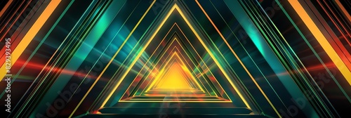triangle line on regular green, black, gold, and pink blue three-dimensional striped background, glow , black background, 3:1