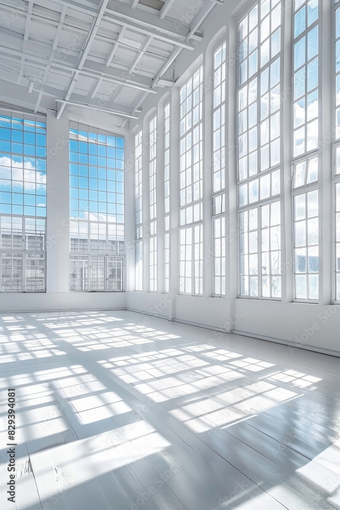 Bright modern empty white room with large windows casting sunlight shadows Bright modern empty white room with large windows casting sunlight shadows
