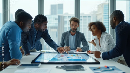 An engaged team of experts interacts with a futuristic digital interface during a strategy session in a contemporary office. AIG41