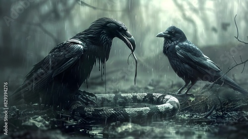 Mysterious Corvid Encounter in Ominous Forest Shadows photo