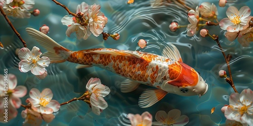 Zen Serenity: Ceramic Koi Fish in Cherry Blossom Pond, generative ai © Matus