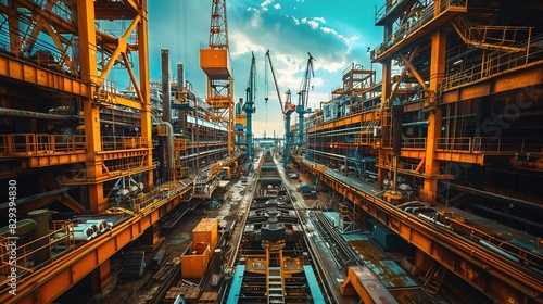 industrial machinery with a panoramic view of massive cranes and equipment in a shipyard