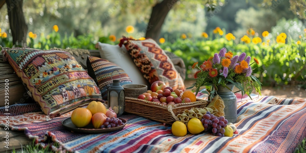 Fototapeta premium Serenity in Nature: Picnic Setup with Vibrant Textiles, generative ai