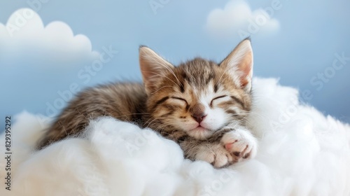 A lovely kitty is dozing on a cloud on a delicate blue background.