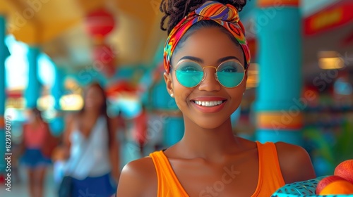 Smiling young woman with colorful headscarf and sunglasses, enjoying her day at a vibrant market.