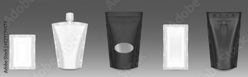 Doypack mockup for food or cosmetic products. Realistic 3d vector illustration set of black and white blank pouch package template with zipper and cap. Plastic bag and sachet for sauce pack design.