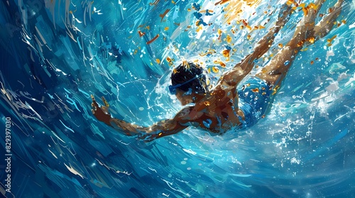 A D Cartoon A Competitive Swimmer Soaring Through Cubist Waters photo