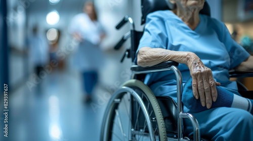 An elderly patient sits in a wheelchair in a hospital hallway, with medical staff and patients in the background.