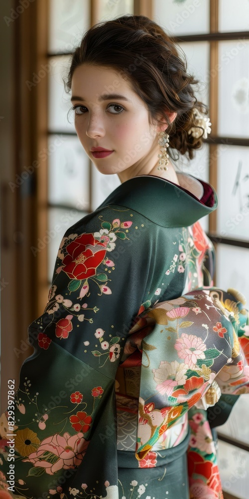 Portrait of a young woman wearing a kimono