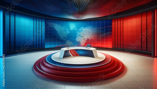 a modern news studio designed with cutting-edge aesthetics, featuring a central desk surrounded by concentric red and blue bands photo