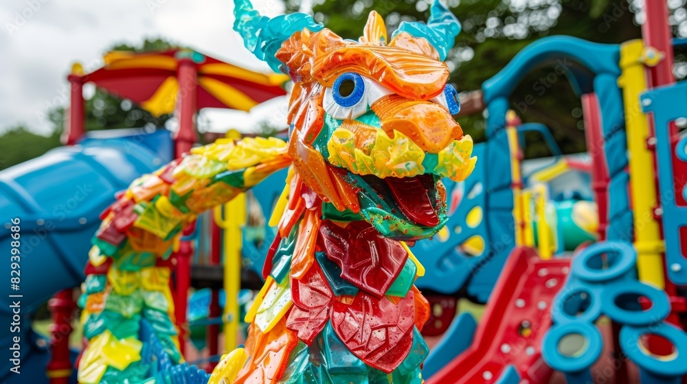 A plastic dragon statue stands at the entrance of a playground built entirely from recycled materials welcoming kids to come and play.