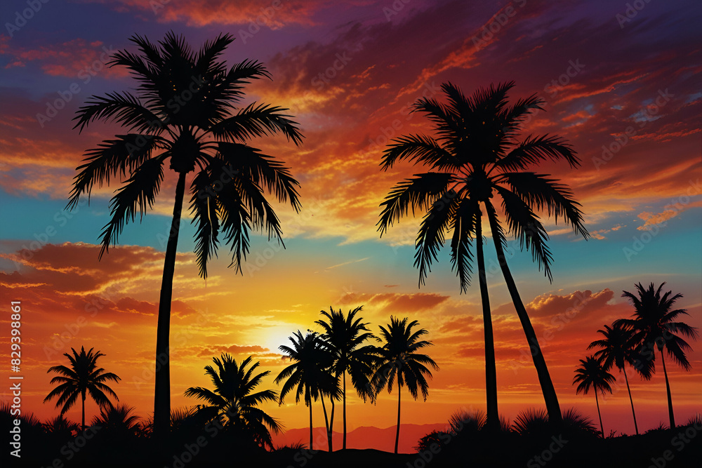 coconut trees at sunset. summer time. golden hour. coconut trees at sunset. summer time. golden hour.