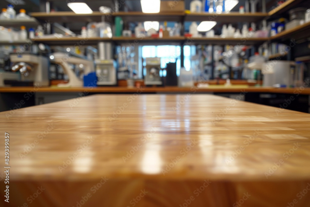 A wooden lab bench in the foreground with a blurred background of a science laboratory. The background features scientific equipment, lab coats, researchers conducting experiments, and shelves. A wooden lab bench in the foreground with a blurred background of a science laboratory. The background features scientific equipment, lab coats, researchers conducting experiments, and shelves.