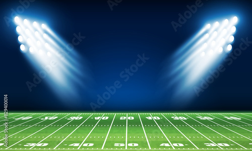 American football arena field with bright stadium lights design. Vector illumination
