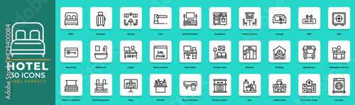 30 sets of outline hotel icons. motel, hostel, editable stroke collection and pixel perfect. vector illustration