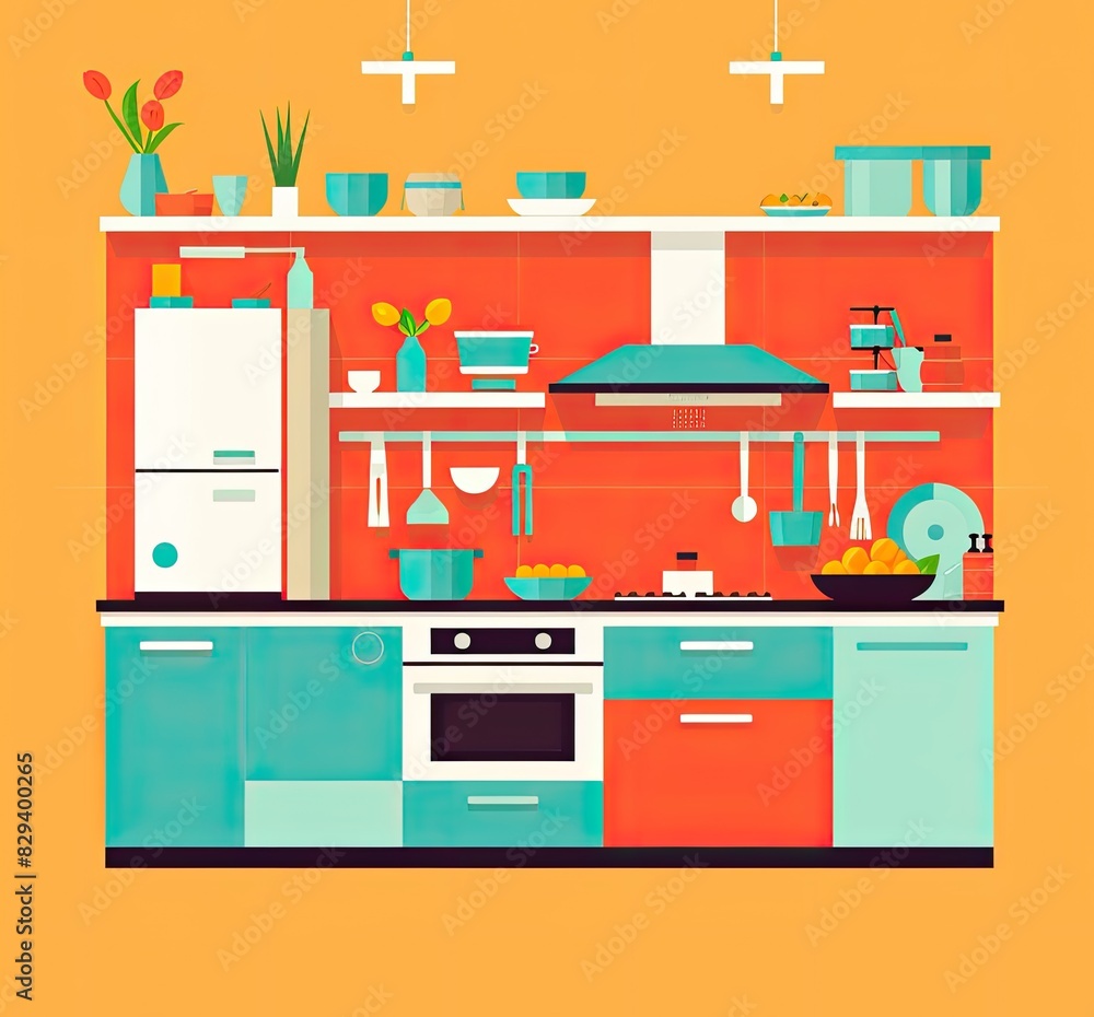 Kitchen interior flat vector illustration style. Kitchen interior flat vector illustration style.