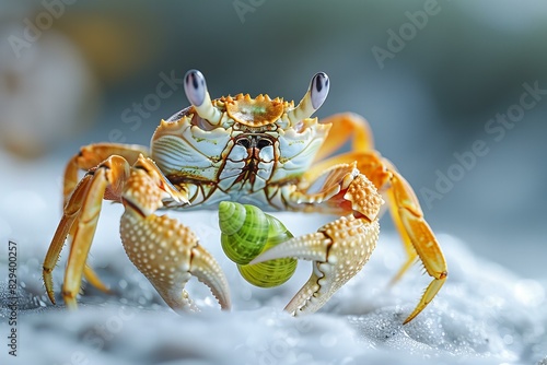 Featuring a cute crab eating green snail on white background isolated