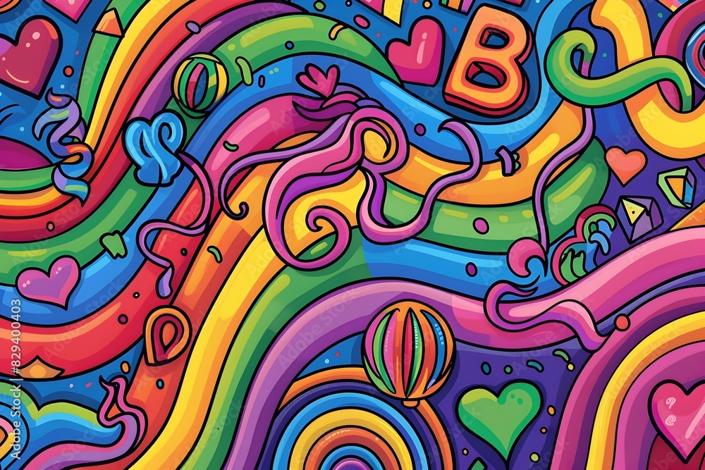 Vibrant,Whimsical LGBTQ Pride-Inspired Abstract with Intertwining Symbols and Icons