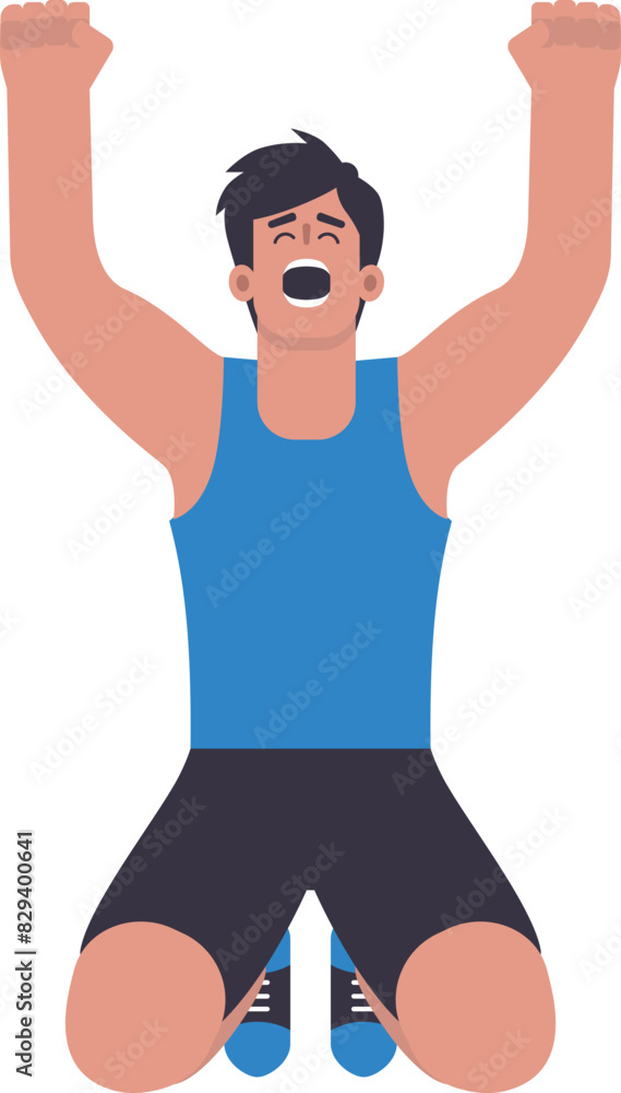 Cartoon happy man, athlete sitting on the ground with hands raised in celebration, flat vector illustration, wearing blue tank top. Cartoon happy man, athlete sitting on the ground with hands raised in celebration, flat vector illustration, wearing blue tank top.