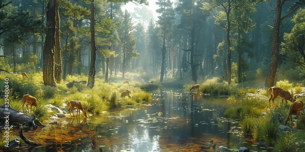 Enchanted Pine Forest with Grazing Deer, generative ai Enchanted Pine Forest with Grazing Deer, generative ai