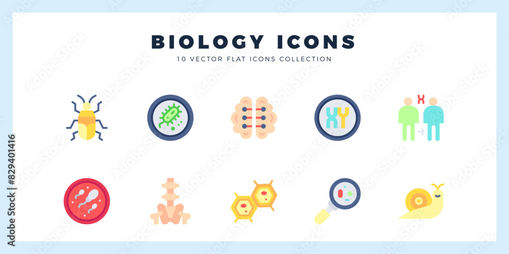 10 Biology Flat icons pack. vector illustration.