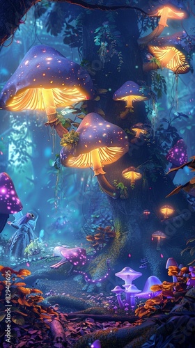 Magical forest with glowing mushrooms, enchanted creatures, vibrant foliage, mystical light, serene atmosphere
