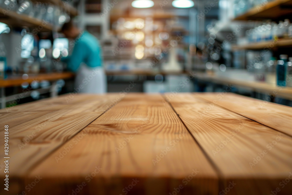A wooden lab bench in the foreground with a blurred background of a science laboratory. The background features scientific equipment, lab coats, researchers conducting experiments, and shelves. A wooden lab bench in the foreground with a blurred background of a science laboratory. The background features scientific equipment, lab coats, researchers conducting experiments, and shelves.