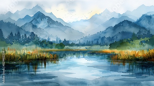 Landscape with mountains, lake and forest. Digital watercolor painting