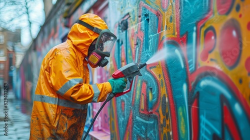 Detailed shot of a worker in bright safety gear, pressure washing graffiti off a city wall, captured with raw, realistic style © Paul